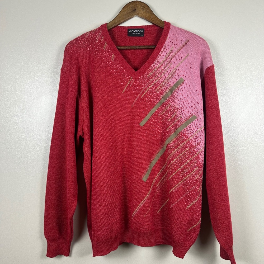 Gionfriddo‎ Men's L V-Neck Sweater Red Pink Geometric Merino Wool Made in Italy